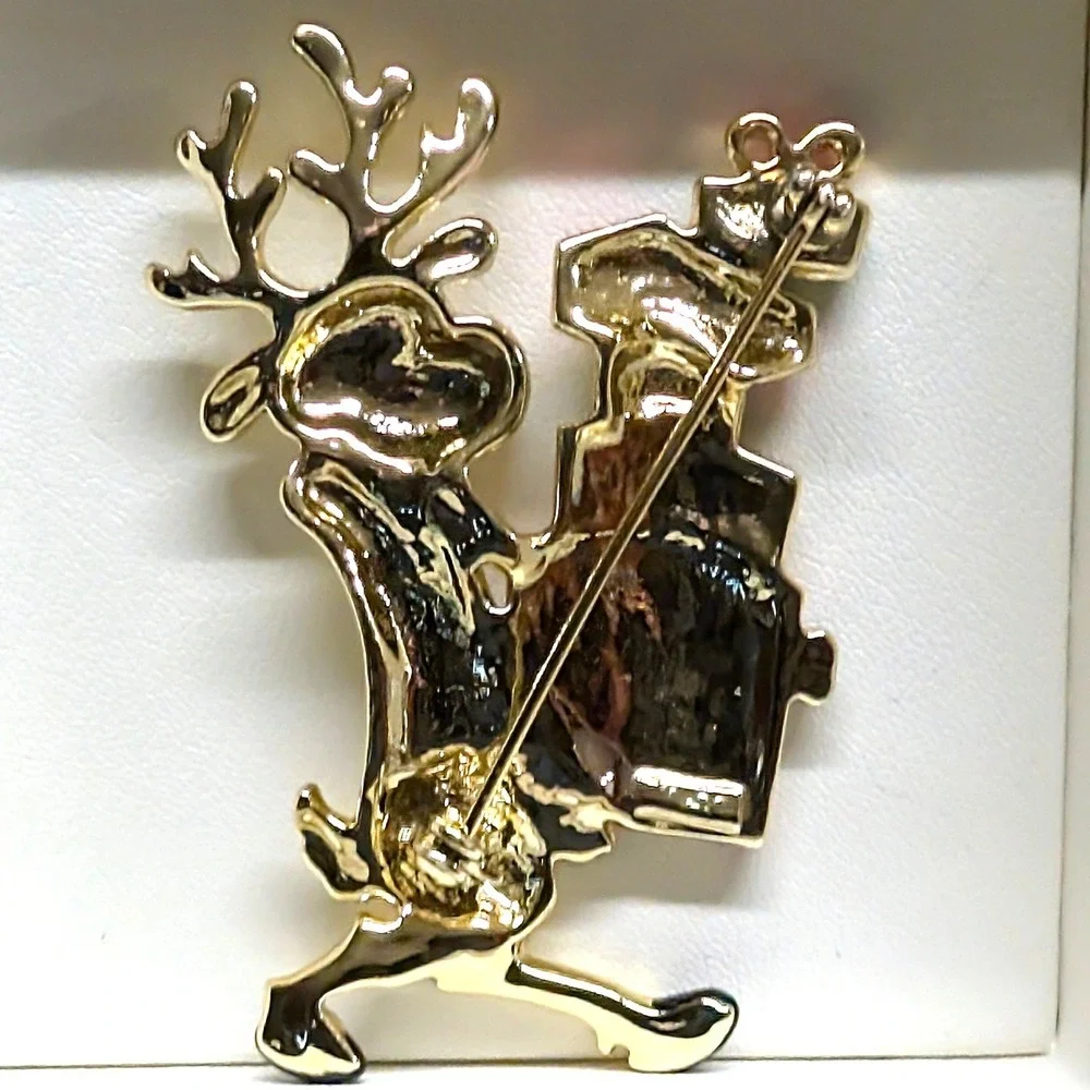 Vintage Danecraft Reindeer Gifts Brooch Pin Goldtone Red Green‎ Enamel Holiday